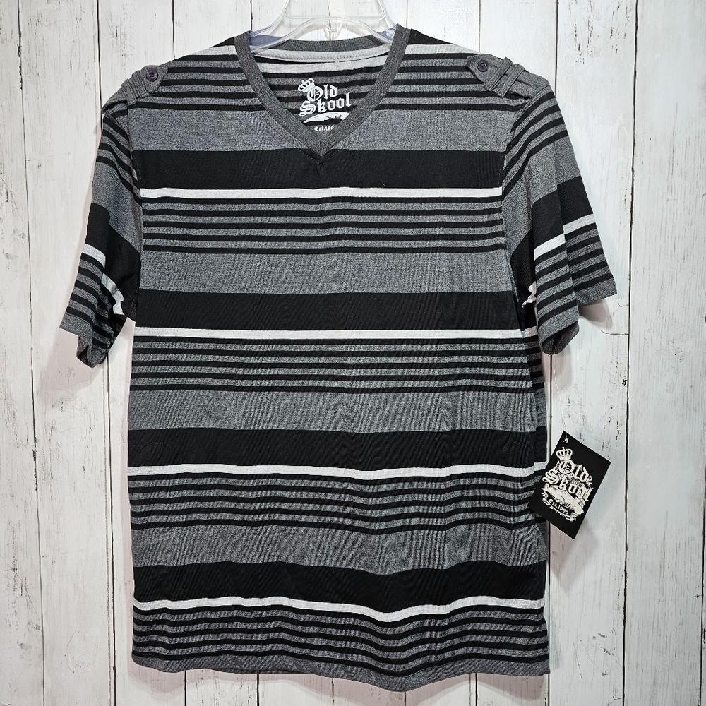 NWT Old Skool Men's T-Shirt Black Gray Striped Short Sleeve V Neck Casual Size M